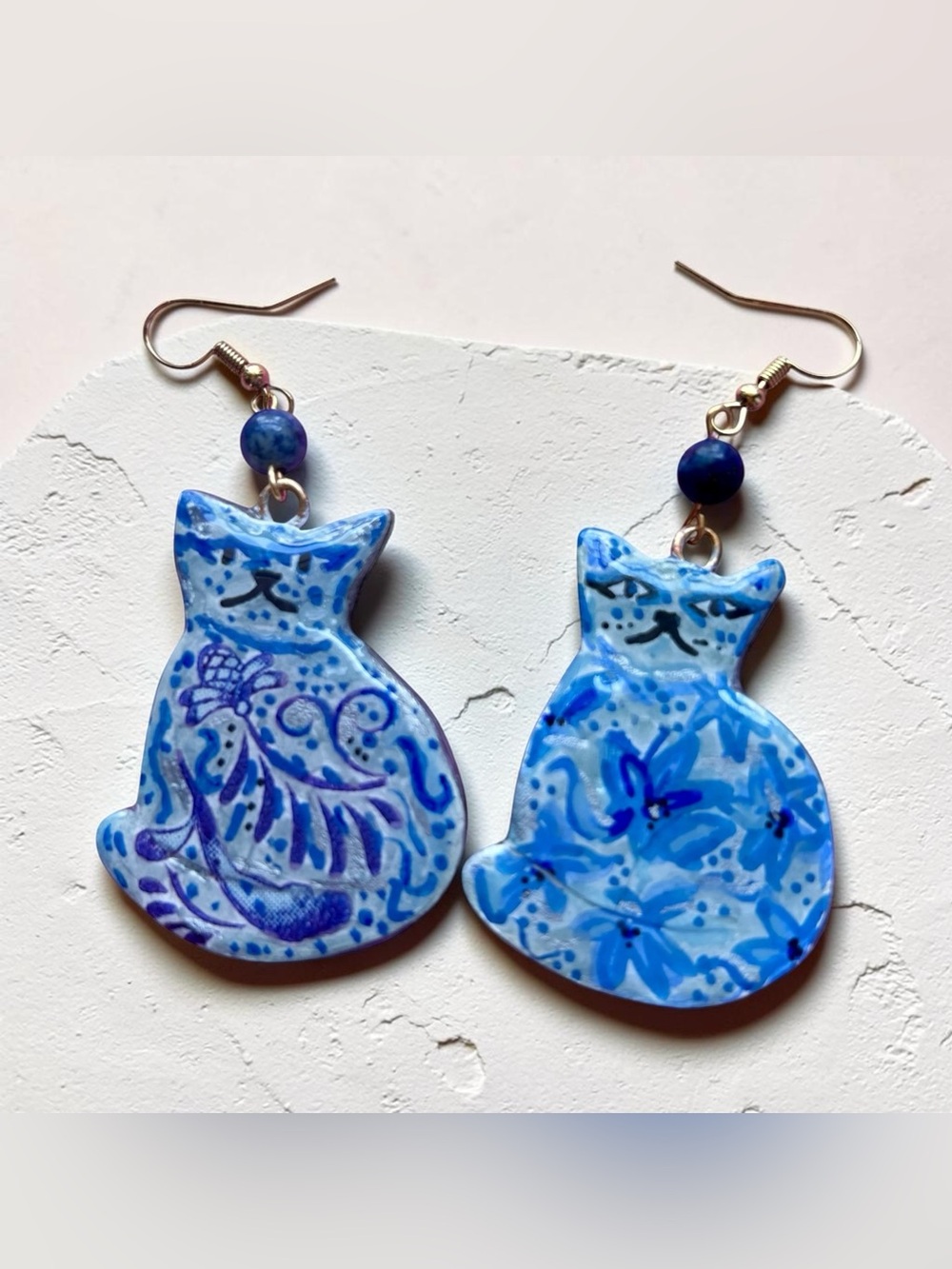 Handmade Hand painted Chinese Blue Chinoiserie Cold Pressed Clay Earrings